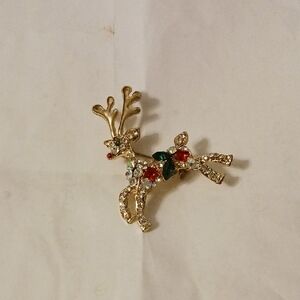 Gold Reindeer Brooch with Red and Green Accents